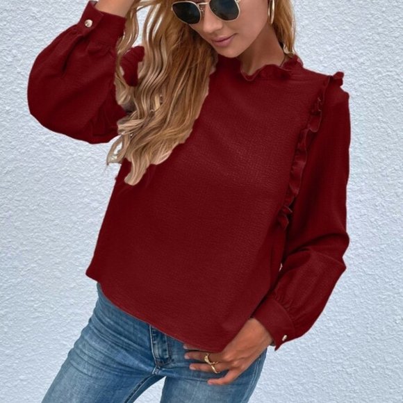 burgundy Ruffle Detail Blouse - Picture 4 of 7